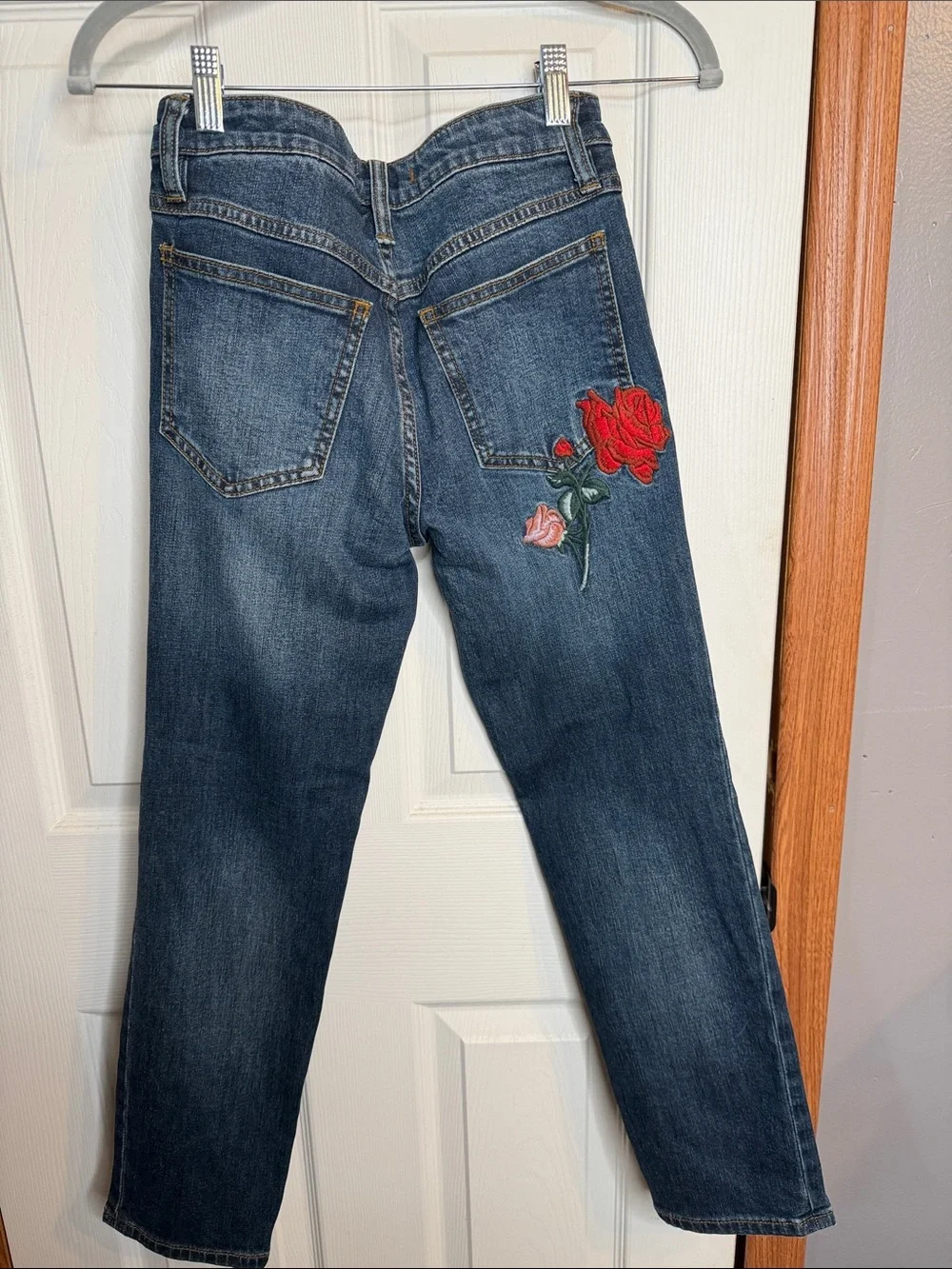 Vintage Embroidered Free People Dark Blue Denim Jeans with Red Rose Patch